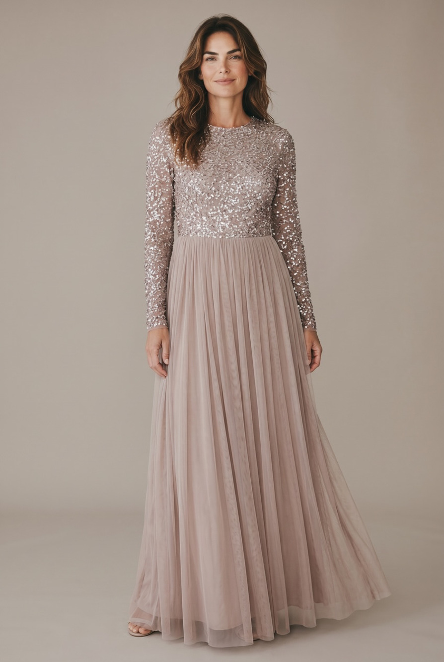 Maya Deluxe Petite Maxi Dress Long Sleeve Sequin Taupe Blush NWT Size 0